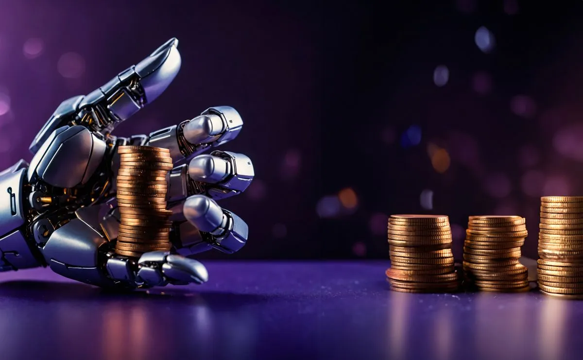 Robotic hand stacking coins with blurred background, symbolizing automation in finance.