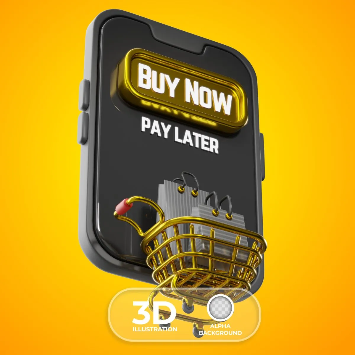 3D illustration of a shopping cart with "Buy Now, Pay Later" text on an orange background.