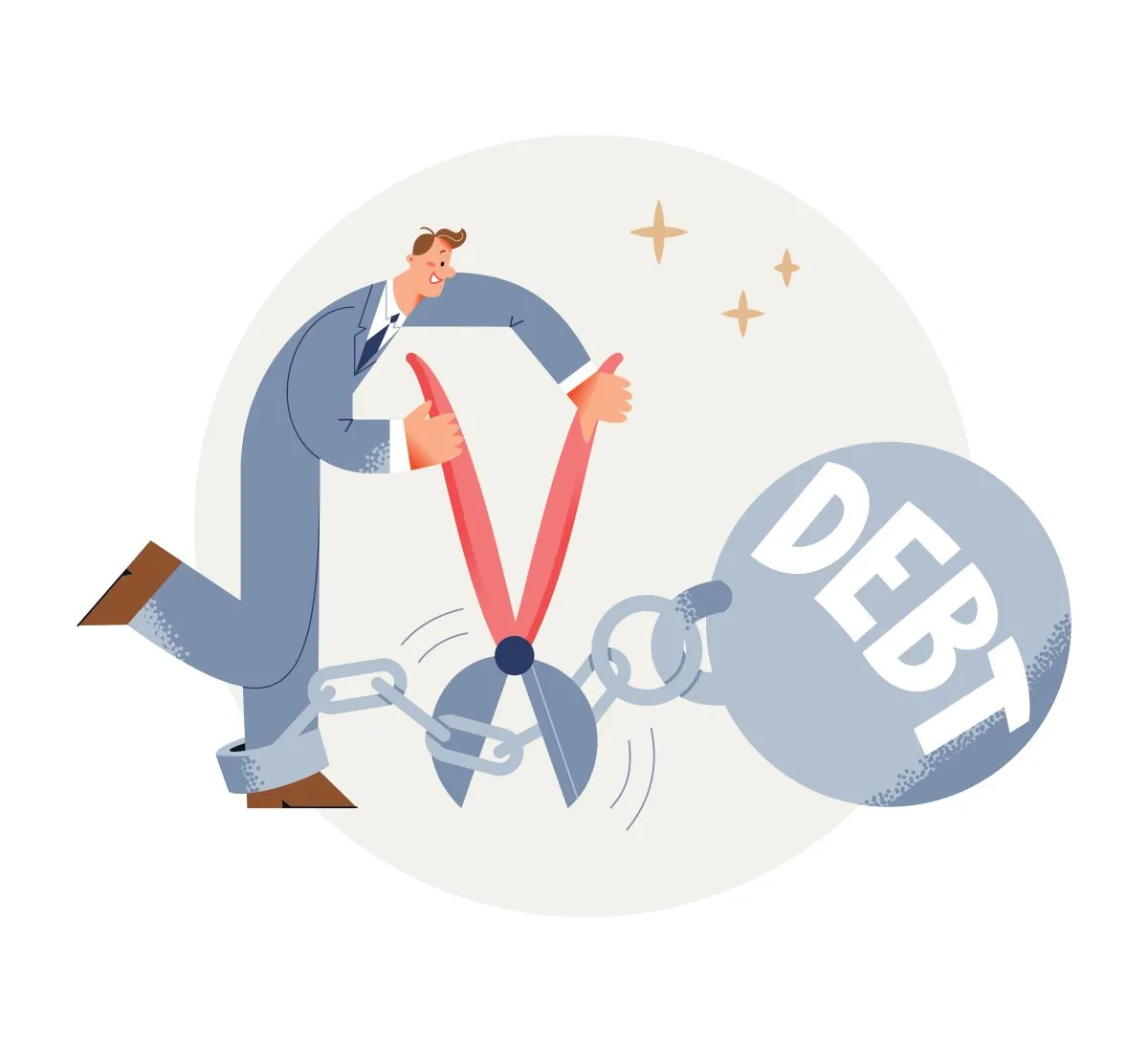 Man in a suit cutting a chain linked to a large debt ball, symbolizing debt relief and financial freedom.