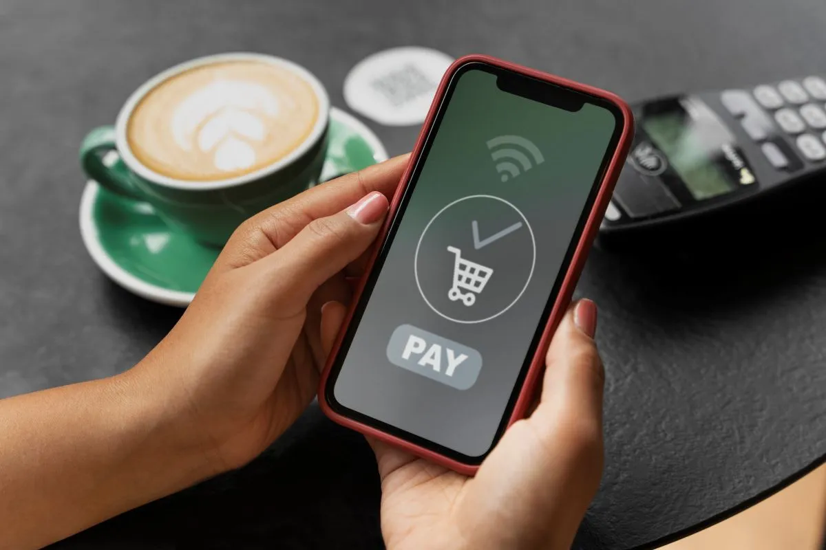 Mobile payment app displaying a shopping cart and "PAY" button, with coffee and payment terminal in the background.