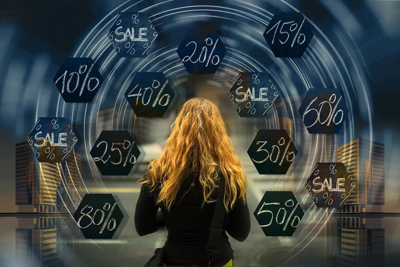 Woman with long hair looking at floating sale percentages in a shopping environment.