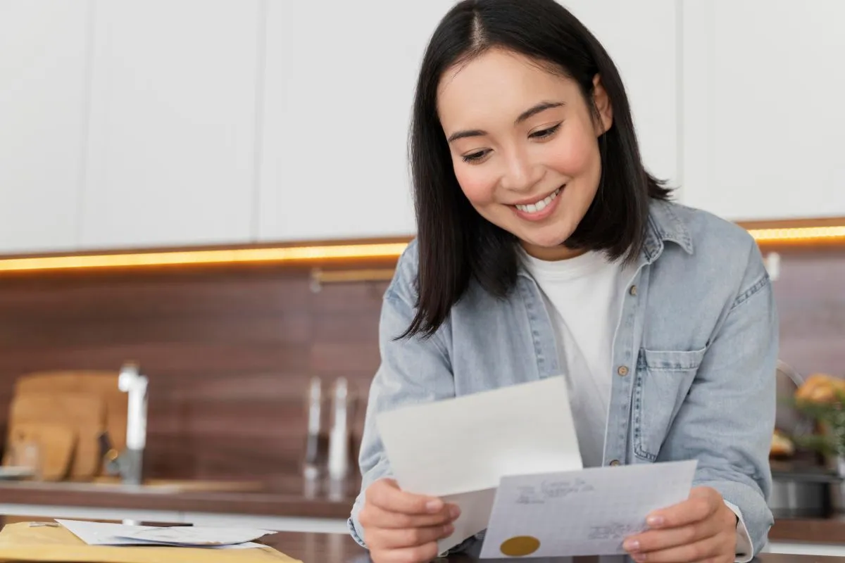 Young woman smiling while reading a letter in a modern kitchen.
