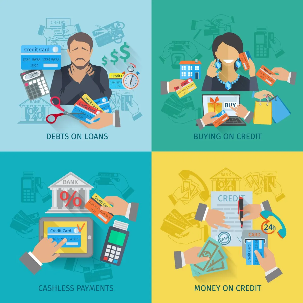 Illustration showing financial concepts: debts on loans, buying on credit, cashless payments, and managing money with credit cards.